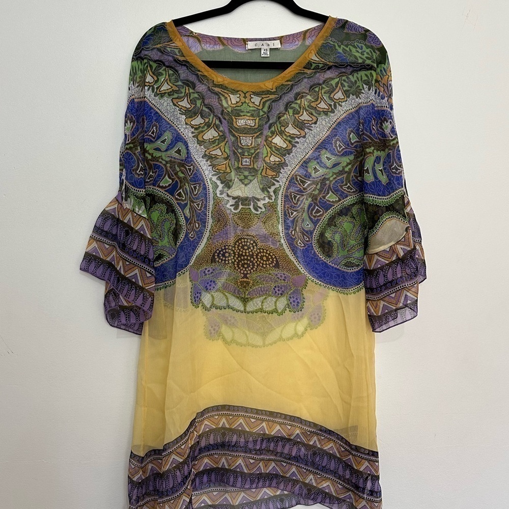 CAbi Women's XS Multi-Colored Silk Long Tunic Sheer Blouse Shift Dress Cover Up